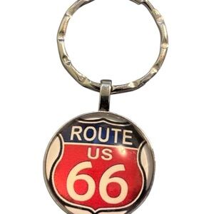 Vintage Route 66 Keychain with Red and Silver Design